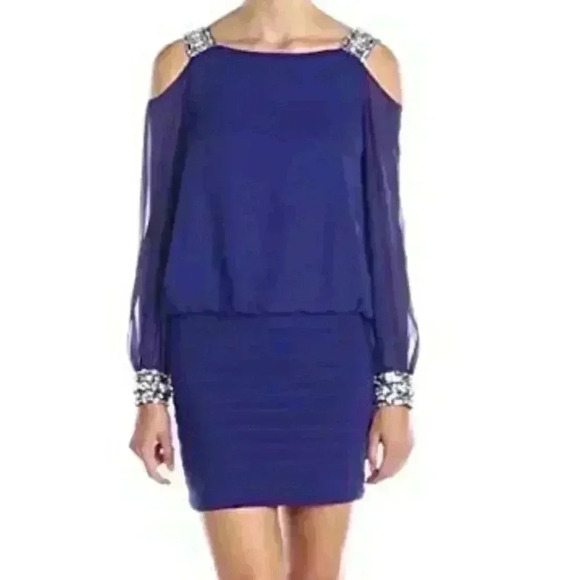 Betsy & Adam Jeweled Blouson Cold Shoulder Cocktail Dress 14 Royal Blue Mob Wife - Picture 1 of 6